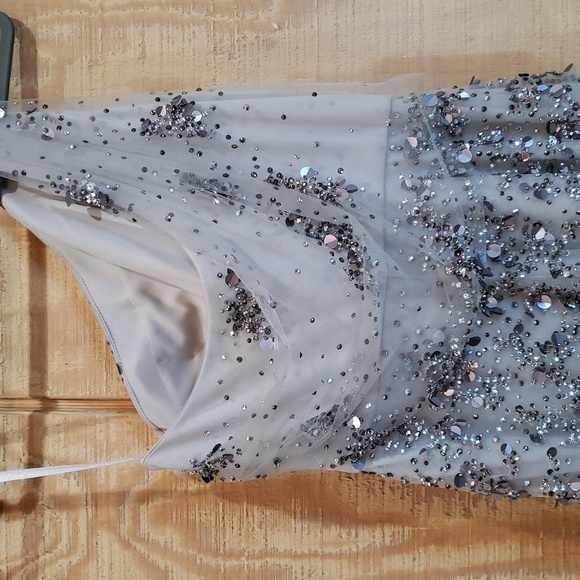 Park108 Silver Gray One Shoulder Sequin Illusion Chiffon Maxi Gown Dress Size 4 - Picture 5 of 9